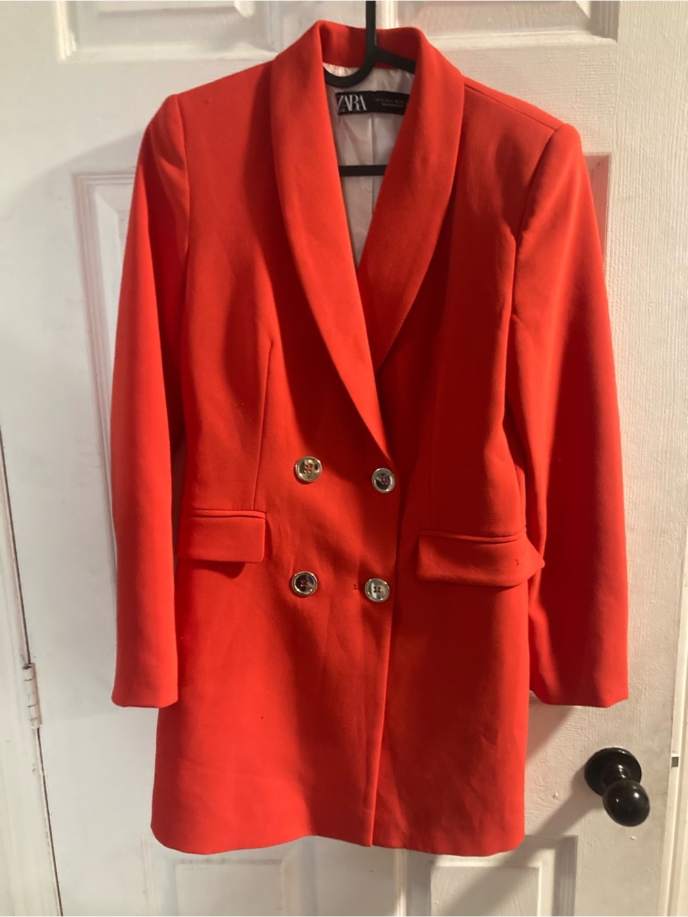 Zara Red Long Blazer Gold Button Double Breasted Jacket Small